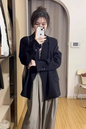 Plus Size Oversized Black Suit Jacket for Women - High-End Casual Blazer, Spring Autumn 2025 Loose Fit Fashion