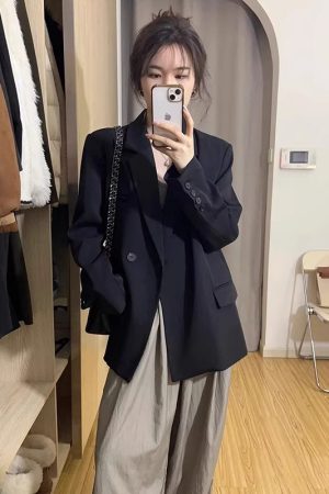 Plus Size Oversized Black Suit Jacket for Women - High-End Casual Blazer, Spring Autumn 2025 Loose Fit Fashion