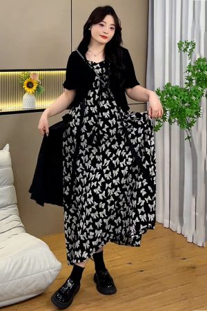 Plus Size Oversized Summer Cover-Up Outfit for Women - Short Sleeve Cardigan with Printed Camisole Dress