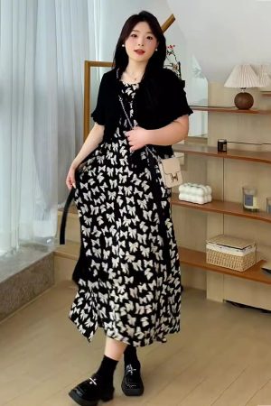 Plus Size Oversized Summer Cover-Up Outfit for Women - Short Sleeve Cardigan with Printed Camisole Dress