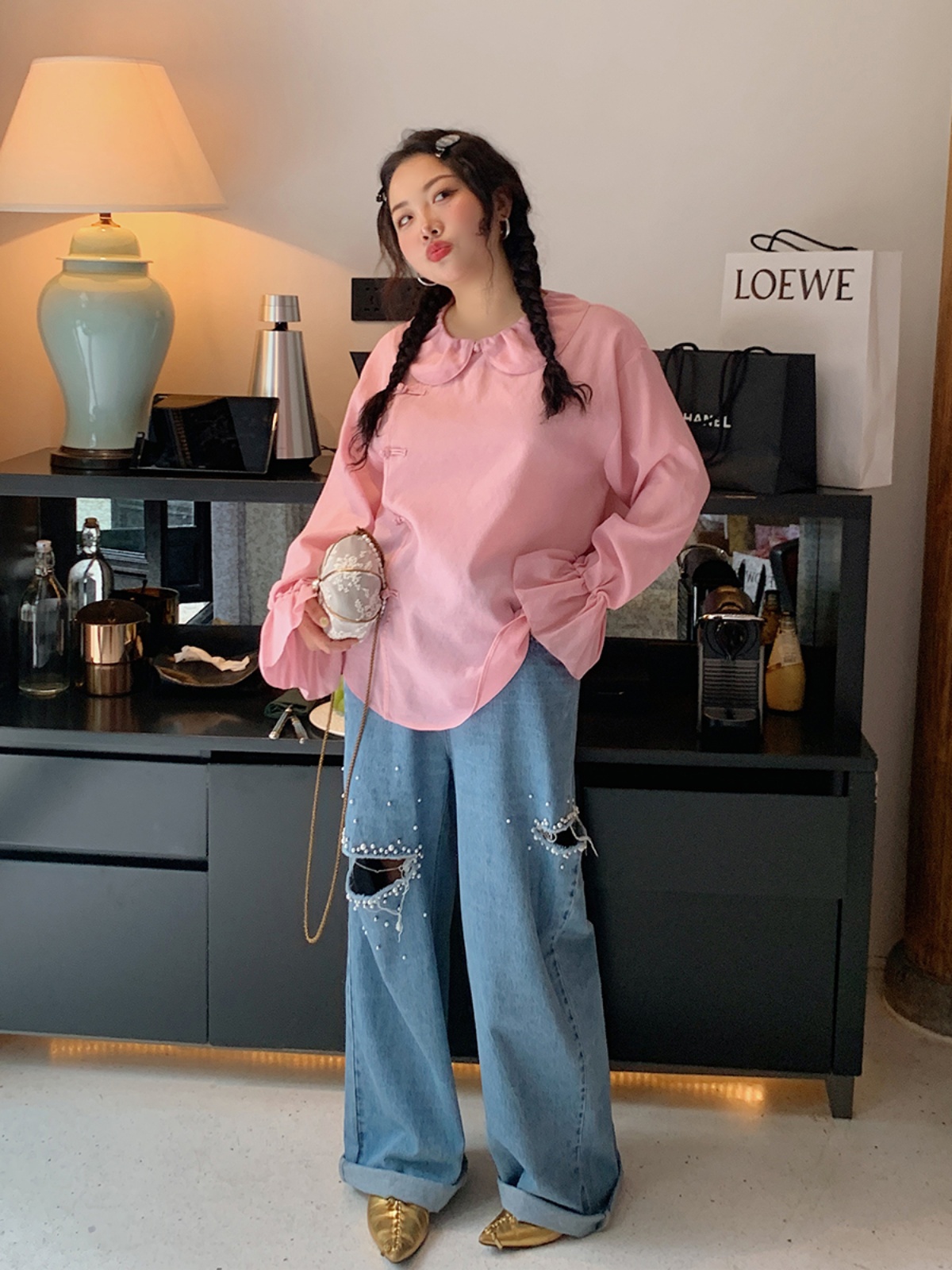 Plus Size Pearl Ripped Wide-Leg Jeans for Women - Loose Straight Leg Pants for Spring Summer 2025, Trendy Casual Fashion Plus Size Pearl Ripped Wide-Leg Jeans for Women - Loose Straight Leg Pants for Spring Summer 2025, Trendy Casual Fashion