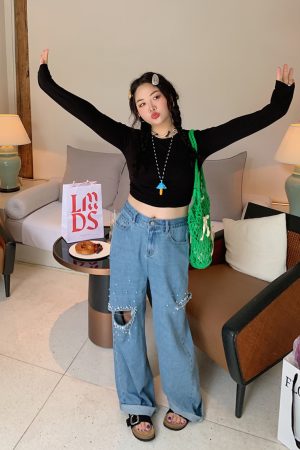 Plus Size Pearl Ripped Wide-Leg Jeans for Women - Loose Straight Leg Pants for Spring Summer 2025, Trendy Casual Fashion