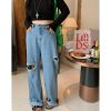 Plus Size Pearl Ripped Wide-Leg Jeans for Women - Loose Straight Leg Pants for Spring Summer 2025, Trendy Casual Fashion