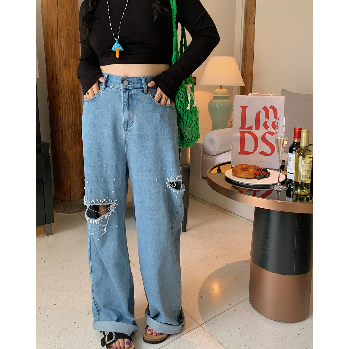 Plus Size Pearl Ripped Wide-Leg Jeans for Women - Loose Straight Leg Pants for Spring Summer 2025, Trendy Casual Fashion Plus Size Pearl Ripped Wide-Leg Jeans for Women - Loose Straight Leg Pants for Spring Summer 2025, Trendy Casual Fashion