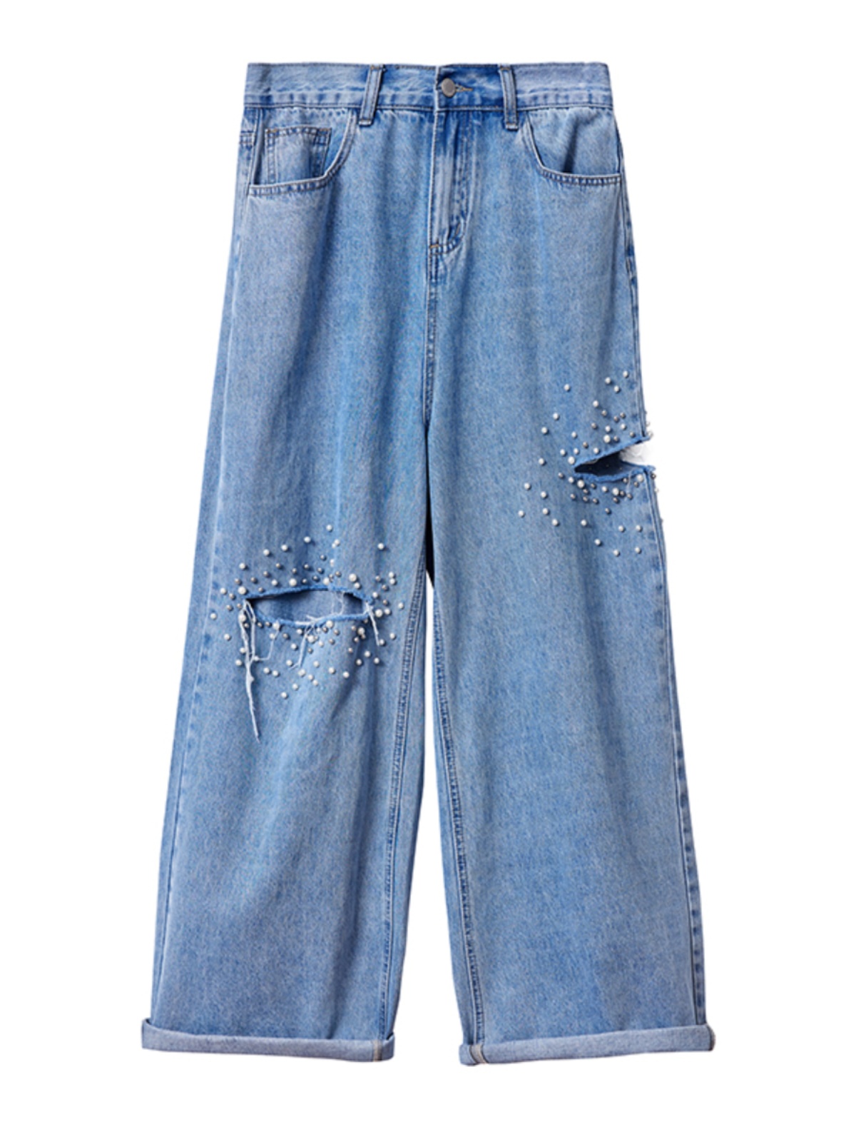 Plus Size Pearl Ripped Wide-Leg Jeans for Women - Loose Straight Leg Pants for Spring Summer 2025, Trendy Casual Fashion Plus Size Pearl Ripped Wide-Leg Jeans for Women - Loose Straight Leg Pants for Spring Summer 2025, Trendy Casual Fashion