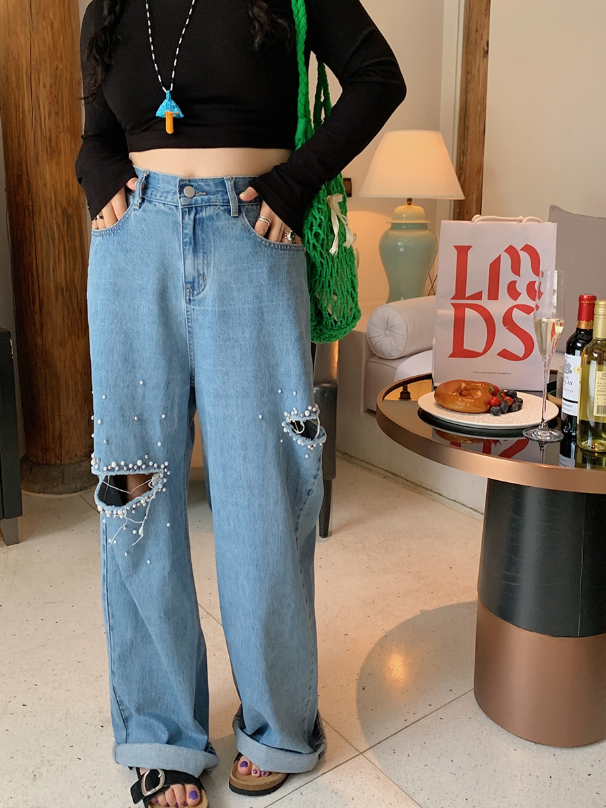 Plus Size Pearl Ripped Wide-Leg Jeans for Women - Loose Straight Leg Pants for Spring Summer 2025, Trendy Casual Fashion Plus Size Pearl Ripped Wide-Leg Jeans for Women - Loose Straight Leg Pants for Spring Summer 2025, Trendy Casual Fashion