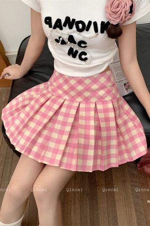Plus-Size Pink Plaid High-Waisted Pleated Midi Skirt - Women's Summer Checkered A-Line Skirt with Slim Fit for Trendy Style