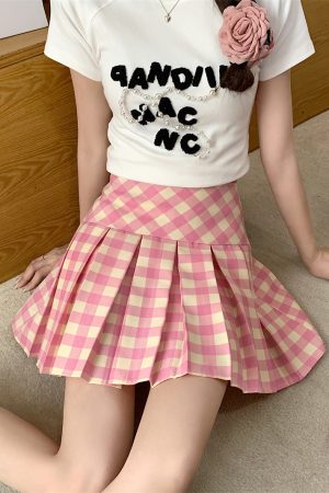 Plus-Size Pink Plaid High-Waisted Pleated Midi Skirt - Women's Summer Checkered A-Line Skirt with Slim Fit for Trendy Style