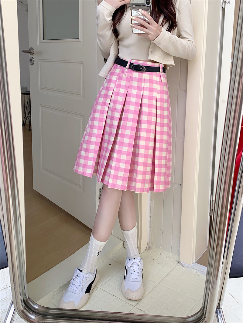 Plus Size Pink Plaid High-Waisted Pleated Midi Skirt for Women - Summer College Style A-Line Patterned Skirt Plus Size Pink Plaid High-Waisted Pleated Midi Skirt for Women - Summer College Style A-Line Patterned Skirt