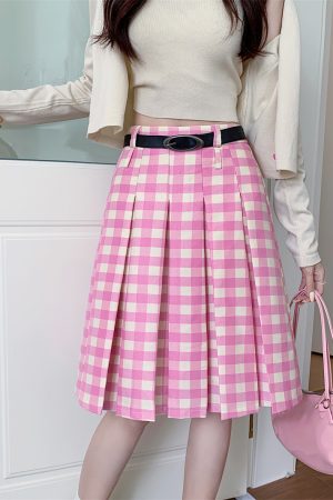 Plus Size Pink Plaid High-Waisted Pleated Midi Skirt for Women - Summer College Style A-Line Patterned Skirt