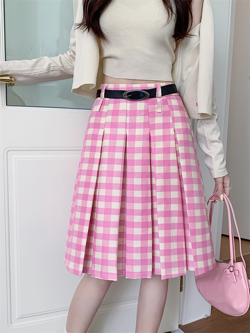 Plus Size Pink Plaid High-Waisted Pleated Midi Skirt for Women - Summer College Style A-Line Patterned Skirt Plus Size Pink Plaid High-Waisted Pleated Midi Skirt for Women - Summer College Style A-Line Patterned Skirt