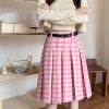 Plus Size Pink Plaid High-Waisted Pleated Midi Skirt for Women - Summer College Style A-Line Patterned Skirt