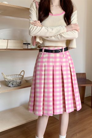 Plus Size Pink Plaid High-Waisted Pleated Midi Skirt for Women - Summer College Style A-Line Patterned Skirt