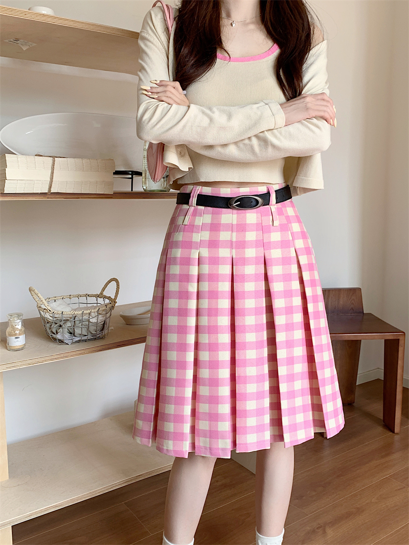 Plus Size Pink Plaid High-Waisted Pleated Midi Skirt for Women - Summer College Style A-Line Patterned Skirt Plus Size Pink Plaid High-Waisted Pleated Midi Skirt for Women - Summer College Style A-Line Patterned Skirt