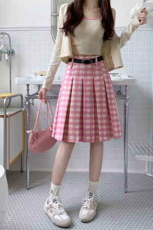 Plus Size Pink Plaid High-Waisted Pleated Midi Skirt for Women - Summer College Style A-Line Patterned Skirt