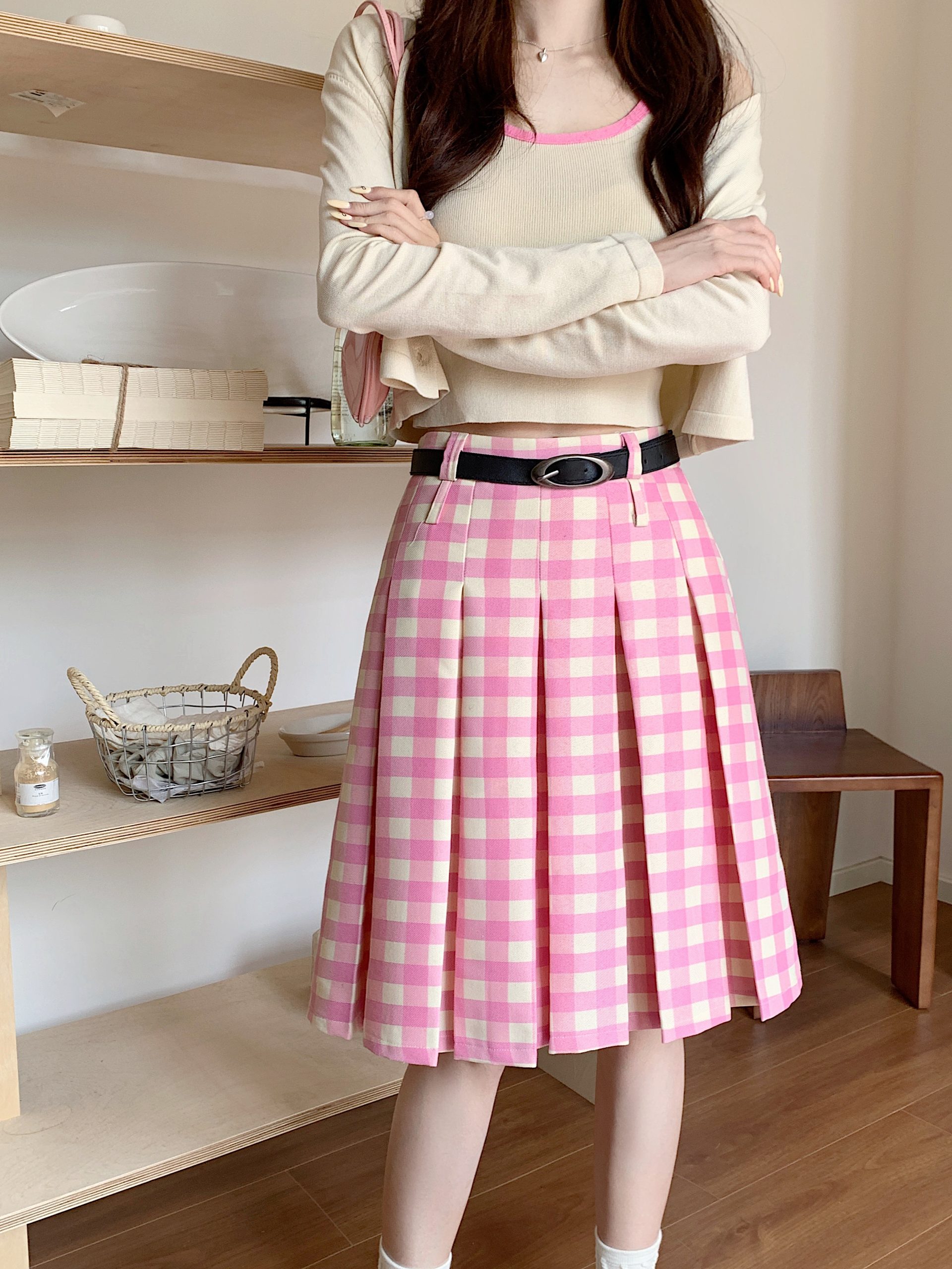 Plus Size Pink Plaid High-Waisted Pleated Midi Skirt for Women - Summer College Style A-Line Patterned Skirt Plus Size Pink Plaid High-Waisted Pleated Midi Skirt for Women - Summer College Style A-Line Patterned Skirt