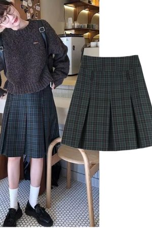 Plus-Size Plaid A-Line Pleated Skirt for Women - Mid-Length Checkered Spring/Summer College Style Skirt