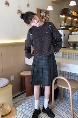 Plus-Size Plaid A-Line Pleated Skirt for Women - Mid-Length Checkered Spring/Summer College Style Skirt