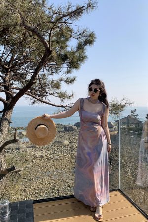 Plus Size Pleated Camisole Dress with Flowing Straps - Mesh Elastic Waist for Summer Beach Vacation, Island Style, Relaxed Fit