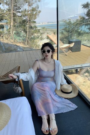 Plus Size Pleated Camisole Dress with Flowing Straps - Mesh Elastic Waist for Summer Beach Vacation, Island Style, Relaxed Fit