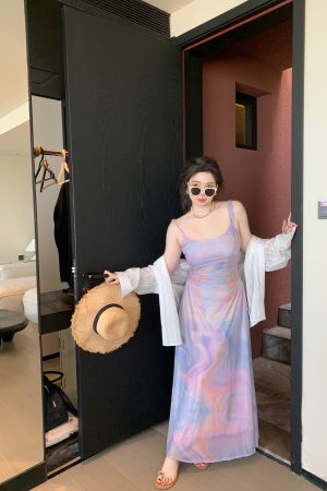 Plus Size Pleated Camisole Dress with Flowing Straps - Mesh Elastic Waist for Summer Beach Vacation, Island Style, Relaxed Fit