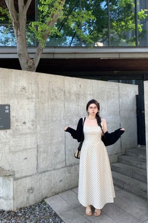 Plus-Size Polka Dot Dress with Spaghetti Straps, Snow-Topped Black Chocolate Design, Waist-Cinching, French Elegance, High-End Style