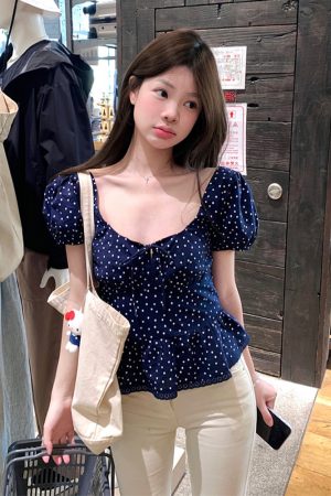 Plus Size Polka Dot U-Neck Bubble Short Sleeve Shirt for Women - Summer Sweet Spicy Tummy-Covering Top, Trendy and Unique Design