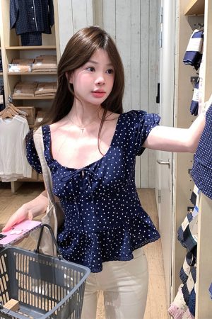 Plus Size Polka Dot U-Neck Bubble Short Sleeve Shirt for Women - Summer Sweet Spicy Tummy-Covering Top, Trendy and Unique Design