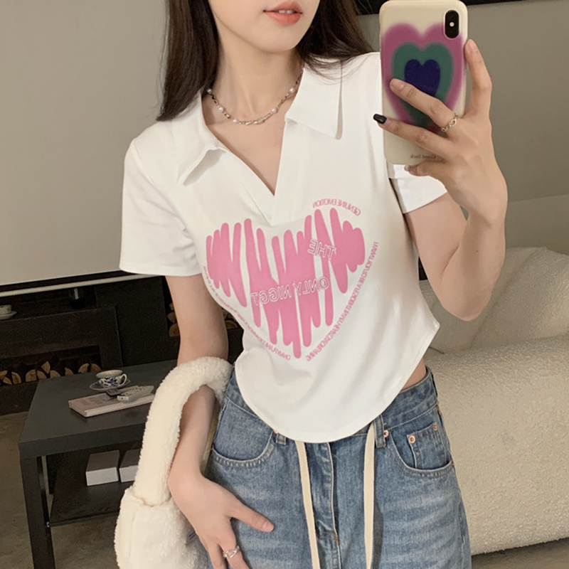 Plus Size Printed Polo Collar Short Sleeve T-Shirt for Women - Summer Slim Fit Top, Flattering Design, Belly Coverage, Sweet and Spicy Style Plus Size Printed Polo Collar Short Sleeve T-Shirt for Women - Summer Slim Fit Top, Flattering Design, Belly Coverage, Sweet and Spicy Style