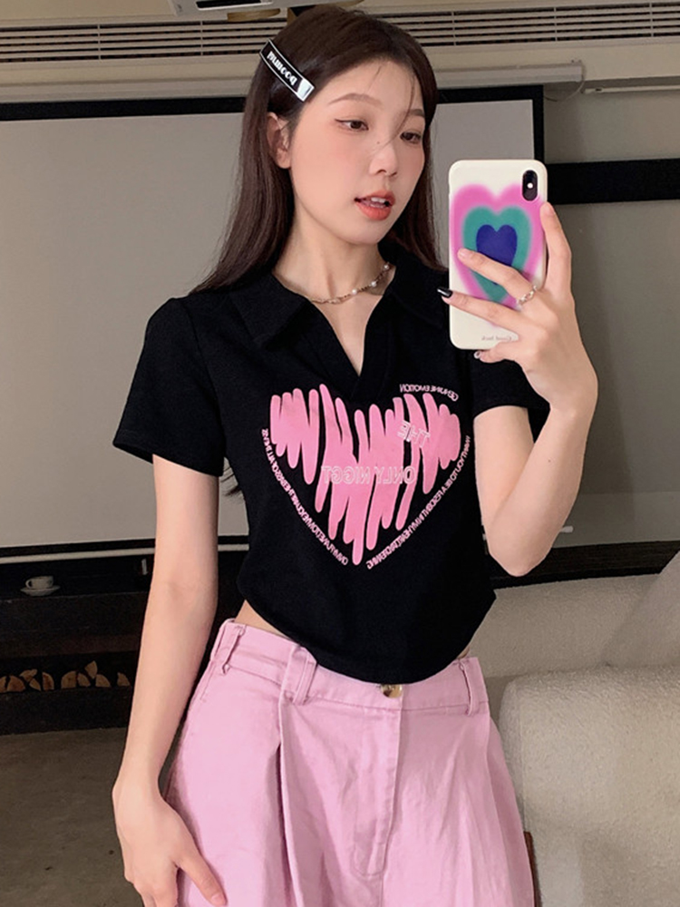 Plus Size Printed Polo Collar Short Sleeve T-Shirt for Women - Summer Slim Fit Top, Flattering Design, Belly Coverage, Sweet and Spicy Style Plus Size Printed Polo Collar Short Sleeve T-Shirt for Women - Summer Slim Fit Top, Flattering Design, Belly Coverage, Sweet and Spicy Style