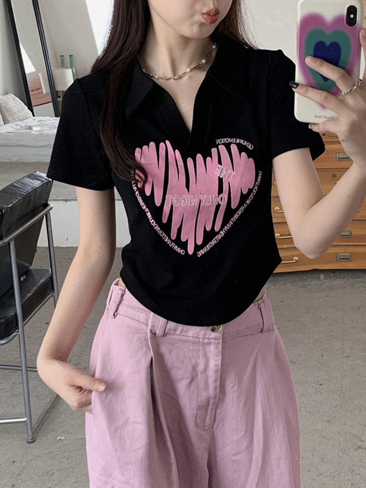 Plus Size Printed Polo Collar Short Sleeve T-Shirt for Women - Summer Slim Fit Top, Flattering Design, Belly Coverage, Sweet and Spicy Style Plus Size Printed Polo Collar Short Sleeve T-Shirt for Women - Summer Slim Fit Top, Flattering Design, Belly Coverage, Sweet and Spicy Style