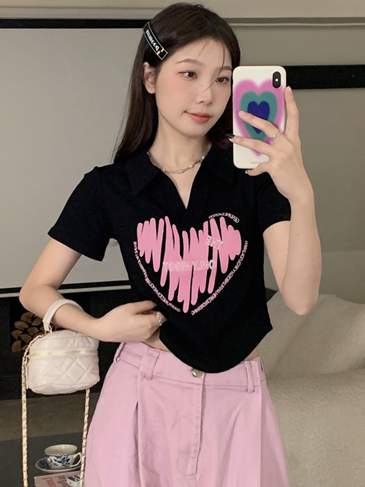 Plus Size Printed Polo Collar Short Sleeve T-Shirt for Women - Summer Slim Fit Top, Flattering Design, Belly Coverage, Sweet and Spicy Style Plus Size Printed Polo Collar Short Sleeve T-Shirt for Women - Summer Slim Fit Top, Flattering Design, Belly Coverage, Sweet and Spicy Style