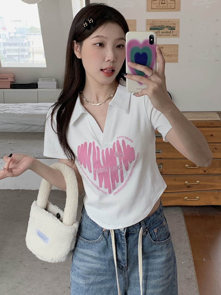 Plus Size Printed Polo Collar Short Sleeve T-Shirt for Women - Summer Slim Fit Top, Flattering Design, Belly Coverage, Sweet and Spicy Style Plus Size Printed Polo Collar Short Sleeve T-Shirt for Women - Summer Slim Fit Top, Flattering Design, Belly Coverage, Sweet and Spicy Style