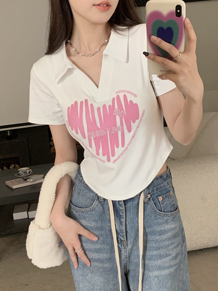 Plus Size Printed Polo Collar Short Sleeve T-Shirt for Women - Summer Slim Fit Top, Flattering Design, Belly Coverage, Sweet and Spicy Style Plus Size Printed Polo Collar Short Sleeve T-Shirt for Women - Summer Slim Fit Top, Flattering Design, Belly Coverage, Sweet and Spicy Style