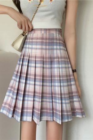 Plus Size Purple Plaid Pleated Midi Skirt for Women - High-Waisted A-Line College Style