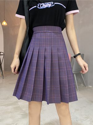 Plus Size Purple Plaid Pleated Midi Skirt for Women - High-Waisted A-Line College Style