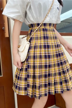 Plus Size Purple Plaid Pleated Midi Skirt for Women - High-Waisted A-Line College Style