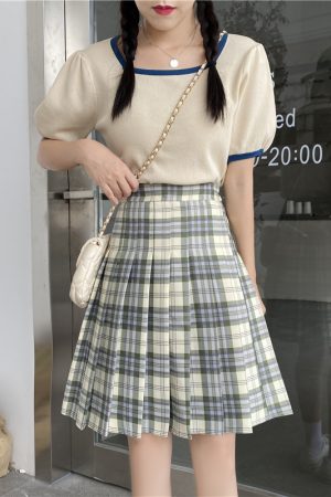 Plus Size Purple Plaid Pleated Midi Skirt for Women - High-Waisted A-Line College Style