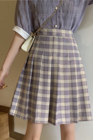 Plus Size Purple Plaid Pleated Midi Skirt for Women - High-Waisted A-Line College Style