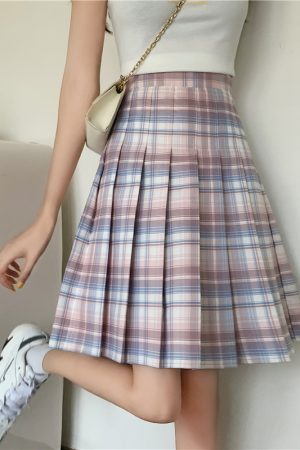 Plus Size Purple Plaid Pleated Midi Skirt for Women - High-Waisted A-Line College Style