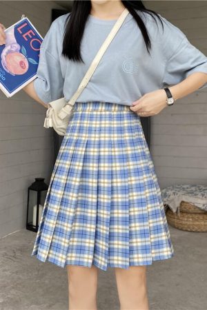 Plus Size Purple Plaid Pleated Midi Skirt for Women - High-Waisted A-Line College Style