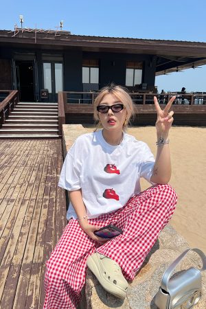 Plus Size Red Plaid Loose Long Pants â€“ Versatile Casual Summer Trousers for Y2K and 90s Inspired Style