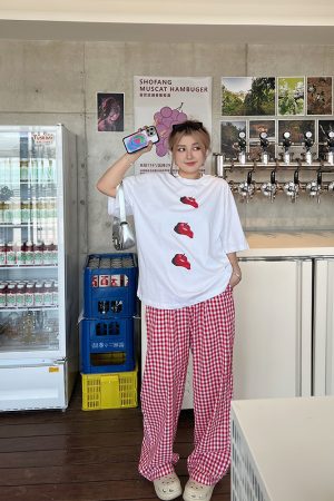 Plus Size Red Plaid Loose Long Pants â€“ Versatile Casual Summer Trousers for Y2K and 90s Inspired Style