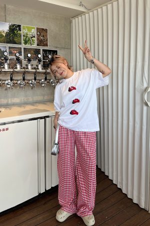 Plus Size Red Plaid Loose Long Pants â€“ Versatile Casual Summer Trousers for Y2K and 90s Inspired Style