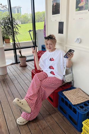 Plus Size Red Plaid Loose Long Pants â€“ Versatile Casual Summer Trousers for Y2K and 90s Inspired Style