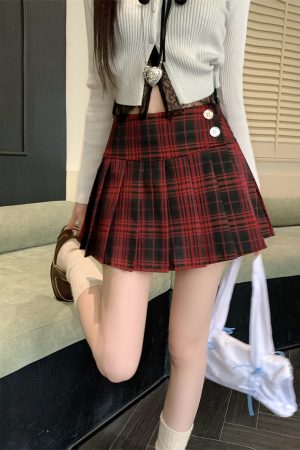 Plus Size Red Plaid Pleated Skirt - Spring Summer A-Line High Waist JK Style Short Skirt for Women