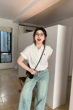 Plus Size Relaxed Old Money Style Short Sleeve Shirt with Flutter Sleeves for High-Ranking Female Protagonists