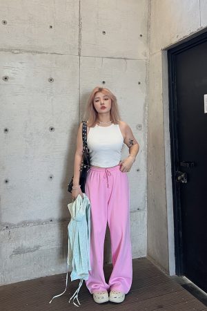 Plus Size Retro Barbie Pink Sweatpants for Women - Loose Fit Casual Street Style Long Pants