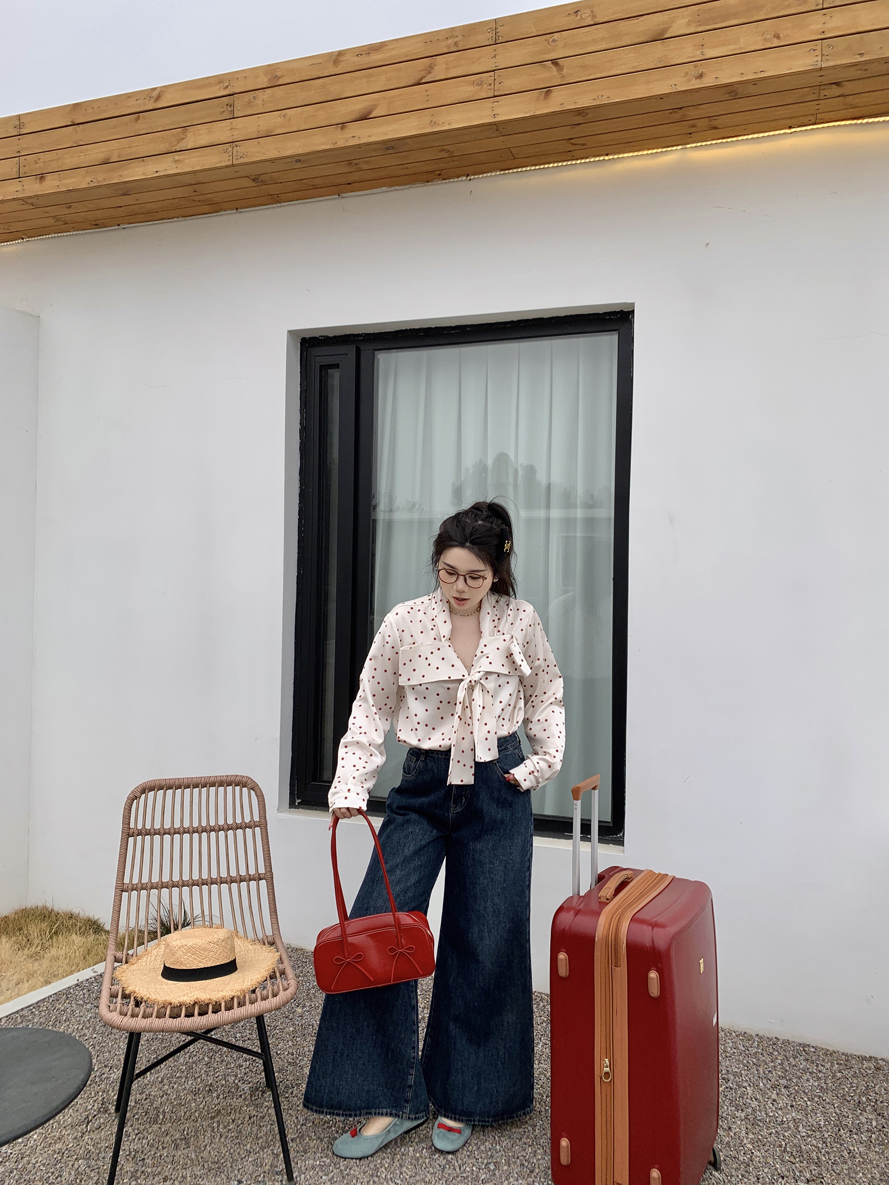 Plus Size Retro Red Polka Dot Shirt with Bow Tie - Hong Kong Style Holiday Top for Chubby Girls, Vintage 90s Fashion Plus Size Retro Red Polka Dot Shirt with Bow Tie - Hong Kong Style Holiday Top for Chubby Girls, Vintage 90s Fashion