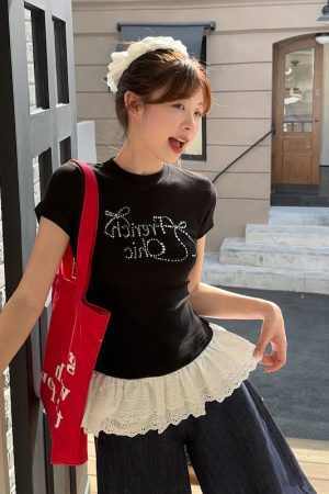 Plus Size Rhinestone Butterfly Knot Lace Short Sleeve T-Shirt for Women - Flattering Slim Fit Summer Top